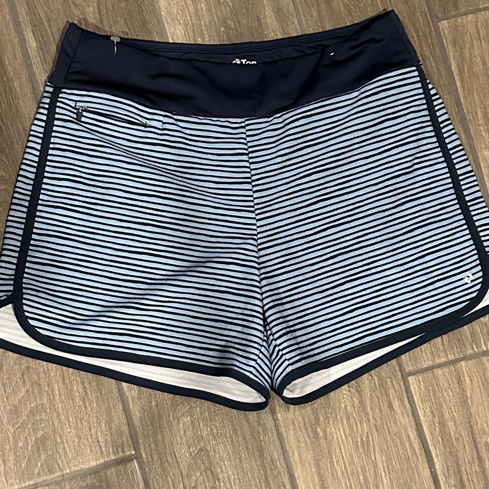 Hang Ten Women's Blue Striped Athletic or Swim Shorts with Dark Band.